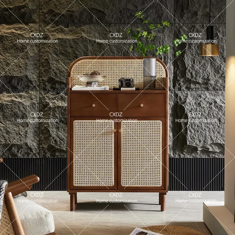 Solid Wood Rattan Dining Side Cabinet Japanese Wabi Sabi Style Living Room Storage Locker Shoe Cabinet Entrance Hallway