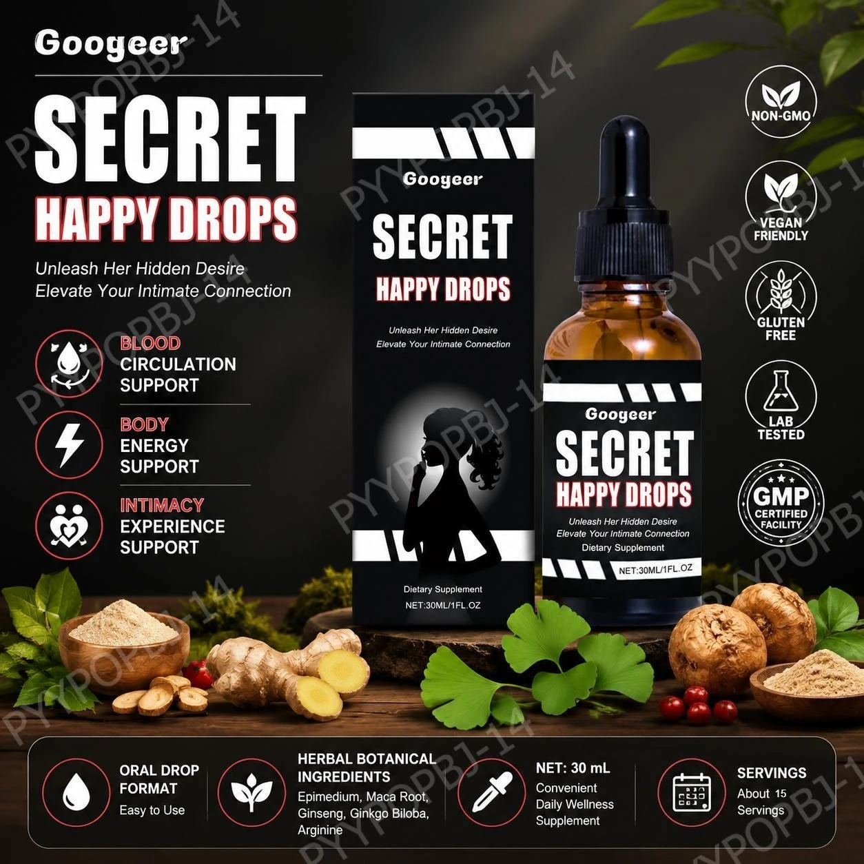 Googeer Secret Happy Drops Oral Drops Herbal Formula for Blood Circulation and Body Energy Support, with Epimedium, Maca, 30 ML