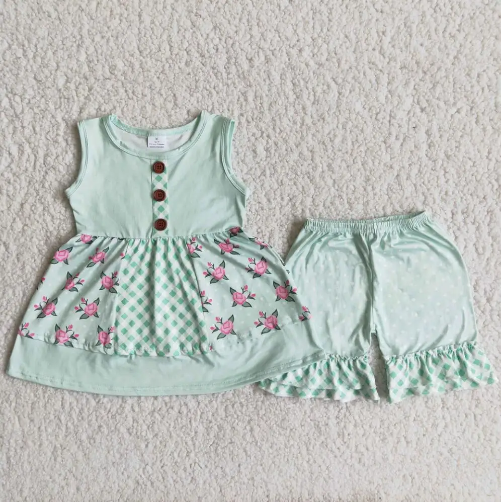 

Cheap Price Wholesale Baby Girl Summer Set Short Sleeves Floral Clothes Shirt Kid Ruffle Shorts Children toddler girl clothes