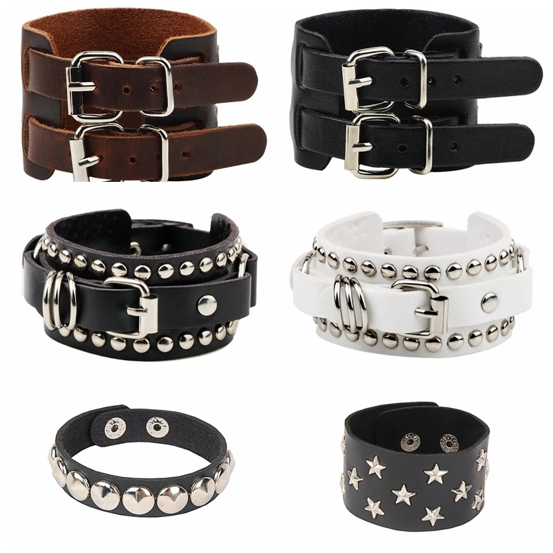 Fashion Gothic Punk Unique Spikes Rivet Stud Wide Cuff Bracelet Leather Punk Gothic Rock Bangle Bracelet for Women Men Jewelry