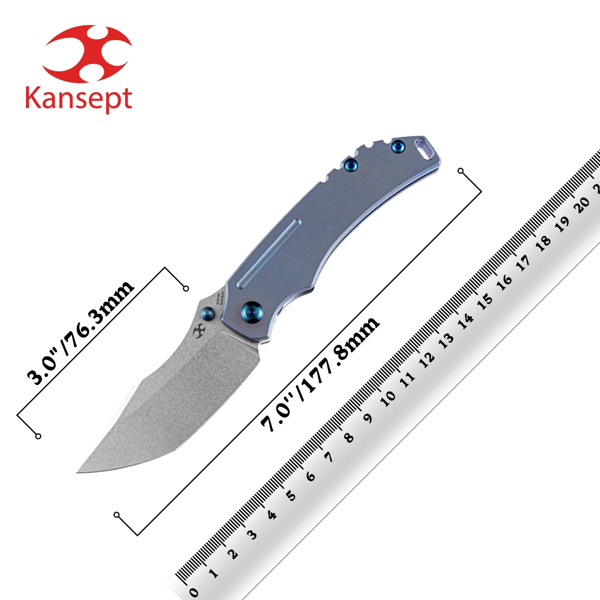 

Kansept PelicanEDC K1018A5 3.0'' Tanto Stonewashed CPM-S35VN+Blue Anodized Titanium Kmaxrom Designed Pocket Knife Thumb Stud EDC