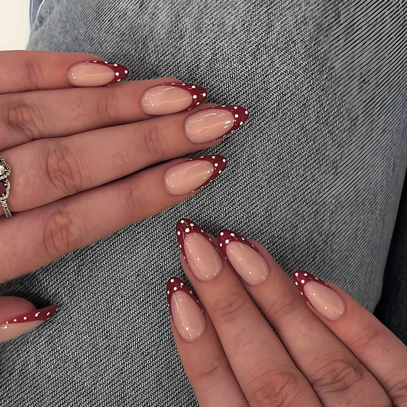

Long Almond Press On Nails, Red Polka Dot French Tip Fake Nails, Reusable Acrylic Nail Tips