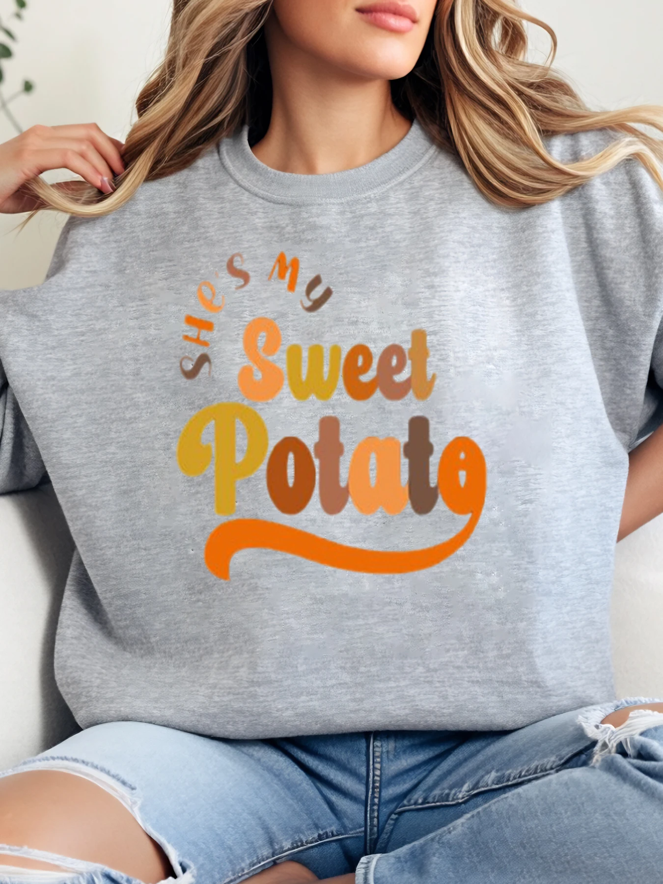 سويت شيرت She's My Sweet Potato Print Halloween برقبة دائرية للنساء كاجوال للخريف والشتاء مقاس كبير #1