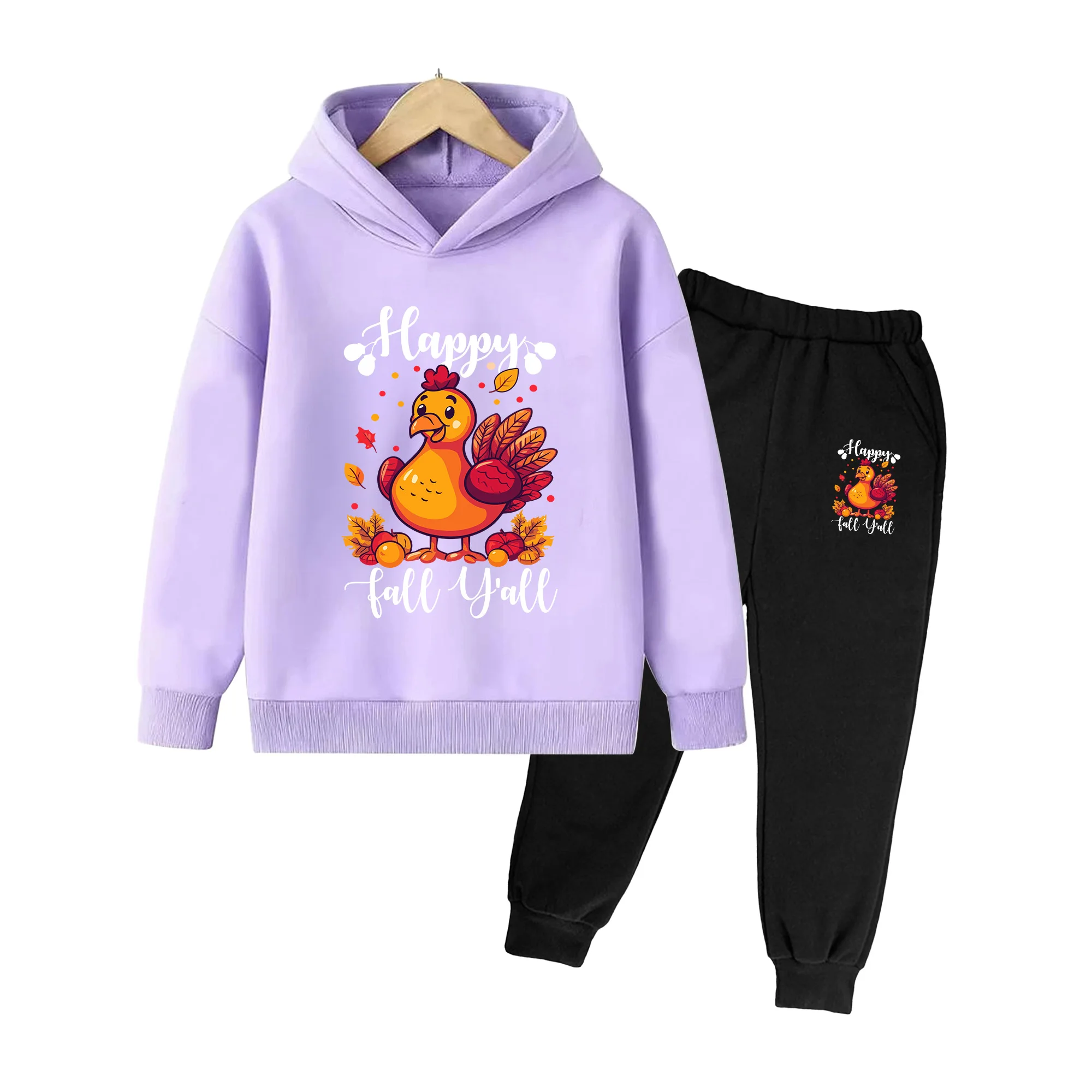 Kids Thanksgiving Turkey Print Hoodie & Sweatpants Set, Fall Autumn Casual Outfit for Boys Girls