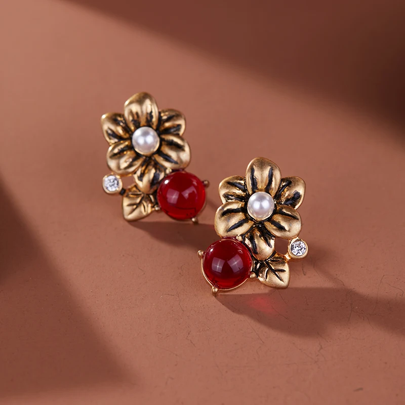 LEWIS SEGAL Medieval Style Vintage Golden Flower Red Glaze Beads Stud Earrings for Women 18K Gold Retro Fine Jewelry