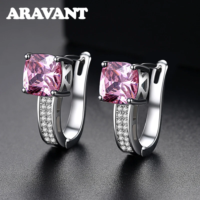 ARAVANT 925 Sterling Silver Pink Zircon U Shaped Hoop Earring For Women Wedding Jewelry