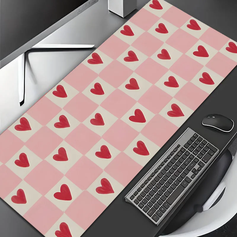 CIFBUY Pink White Checkerboard Heart Mouse Pad Large Gaming Desk Mat Non Slip Rubber Base Washable for PC Office Home Decor Gift