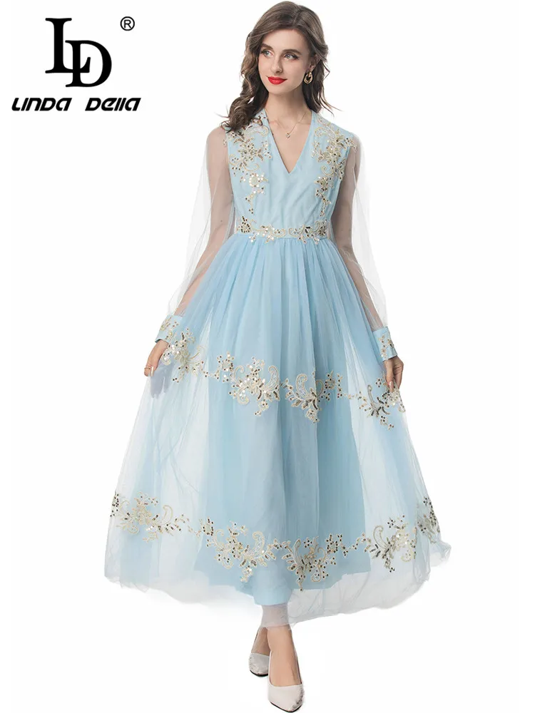 

LD LINDA DELLA Summer 2024 luxury Designer Dresses for women Vintage Elegant Embroidery Sequins Net Yarn Princess Dresses