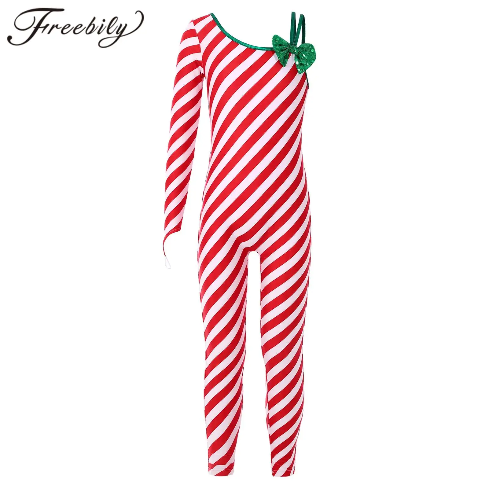 

Kids Girls Candy Cane Jumpsuit Unitard One Shoulder Ballet Dancing Leotard Shiny Bowknot Striped Xmas Cosplay Christmas Bodysuit