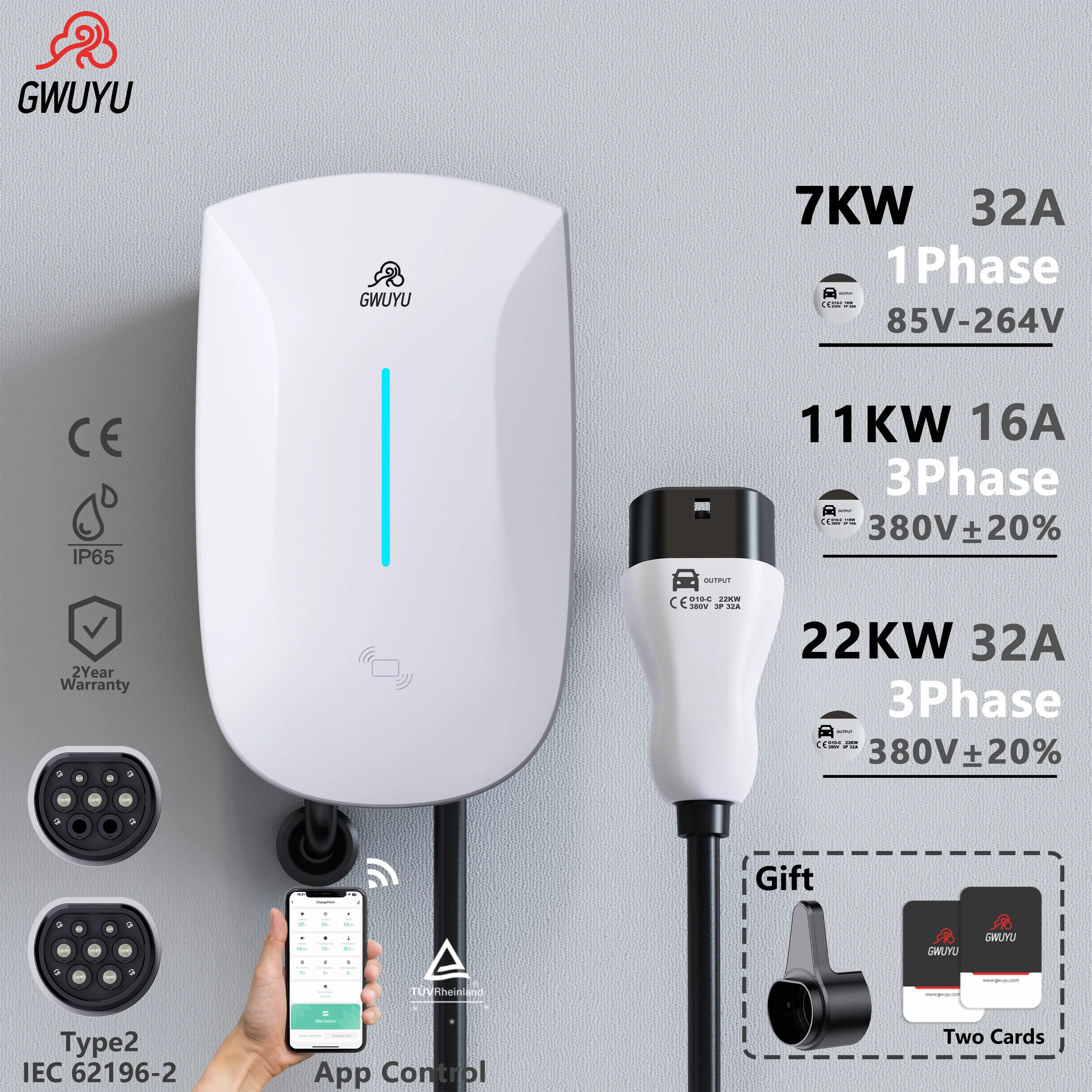 GWUYU 32A EV-Ladestation 11KW 22KW 3-Phasen Elektrofahrzeug-Ladegerät 7KW Typ2 IEC62196-2 EVSE Wallbox APP-Steuerung 5m