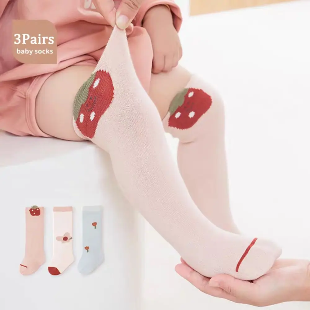 3Pairs Warm Strawberry Calf Socks Baby Flower Animals Print Toddle Cotton Stockings Cotton Cute Cartoon Above Knee Socks Newborn