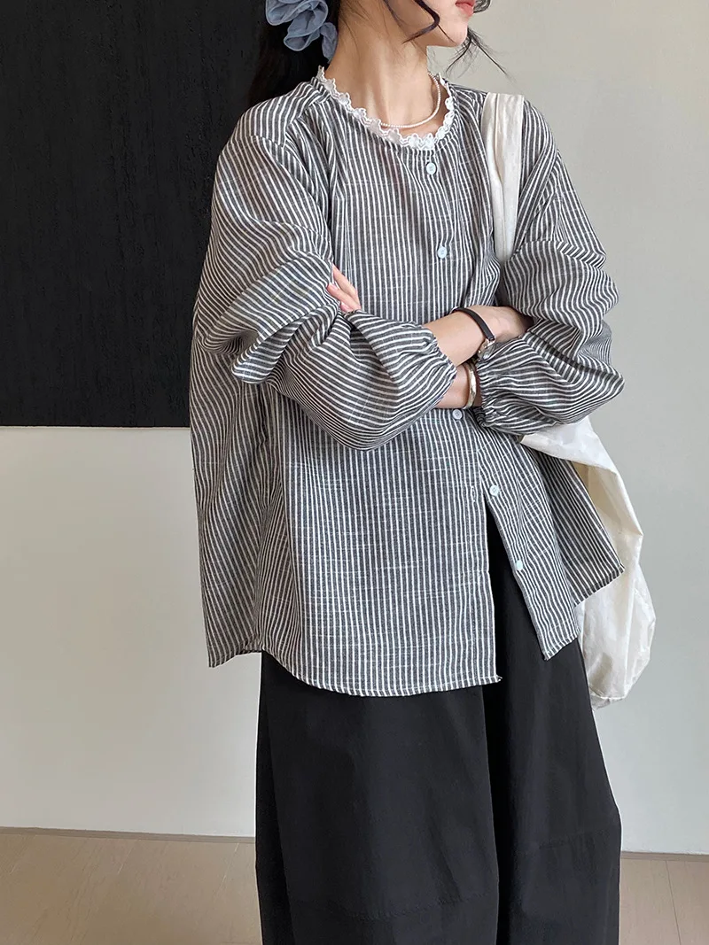 เสื้อเชิ้ตลายตารางหมากรุกลูกไม้ศิลปะย้อนยุคสําหรับผู้หญิง, เสื้อตุ๊กตาคอกลมหลวมญี่ปุ่น, เสื้อแขนยาว