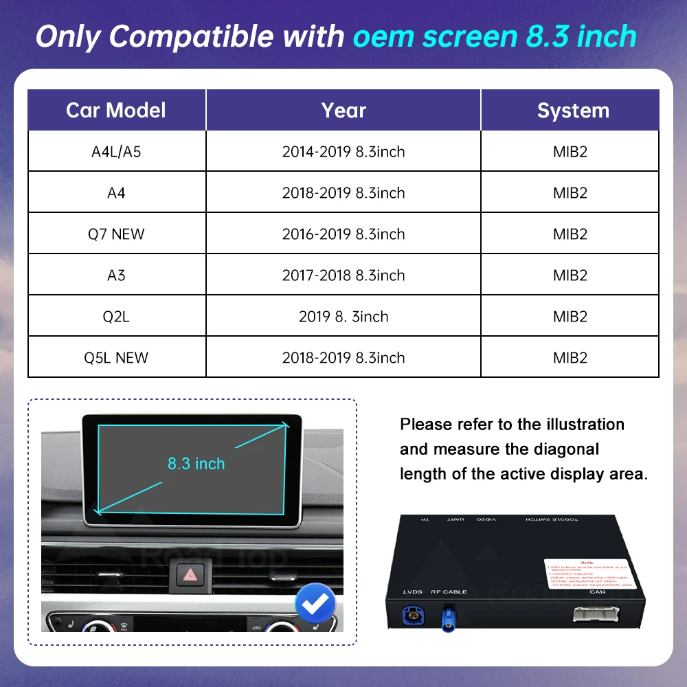 Draadloze Android Auto CarPlay voor Audi A3 8v Q2 8P A4 A5 Q5 MIB2 systeem 2016-2020, met Mirror Link AirPlay Bluetooth USB achteruitrijcamera functies