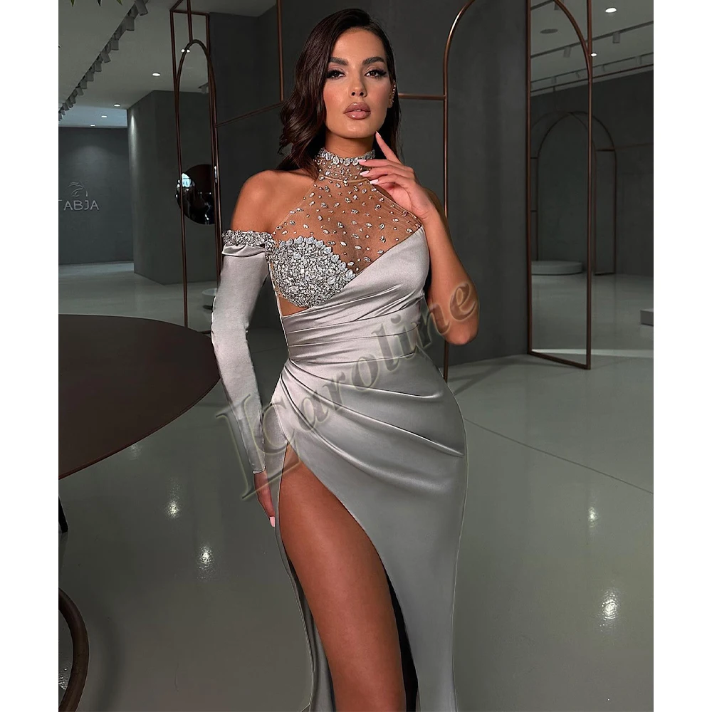 Caroline Sexy High Neck Crystals Evening Party For Women One Shoulder Side Slit Illusion Customized Vestidos Robes De Soirée