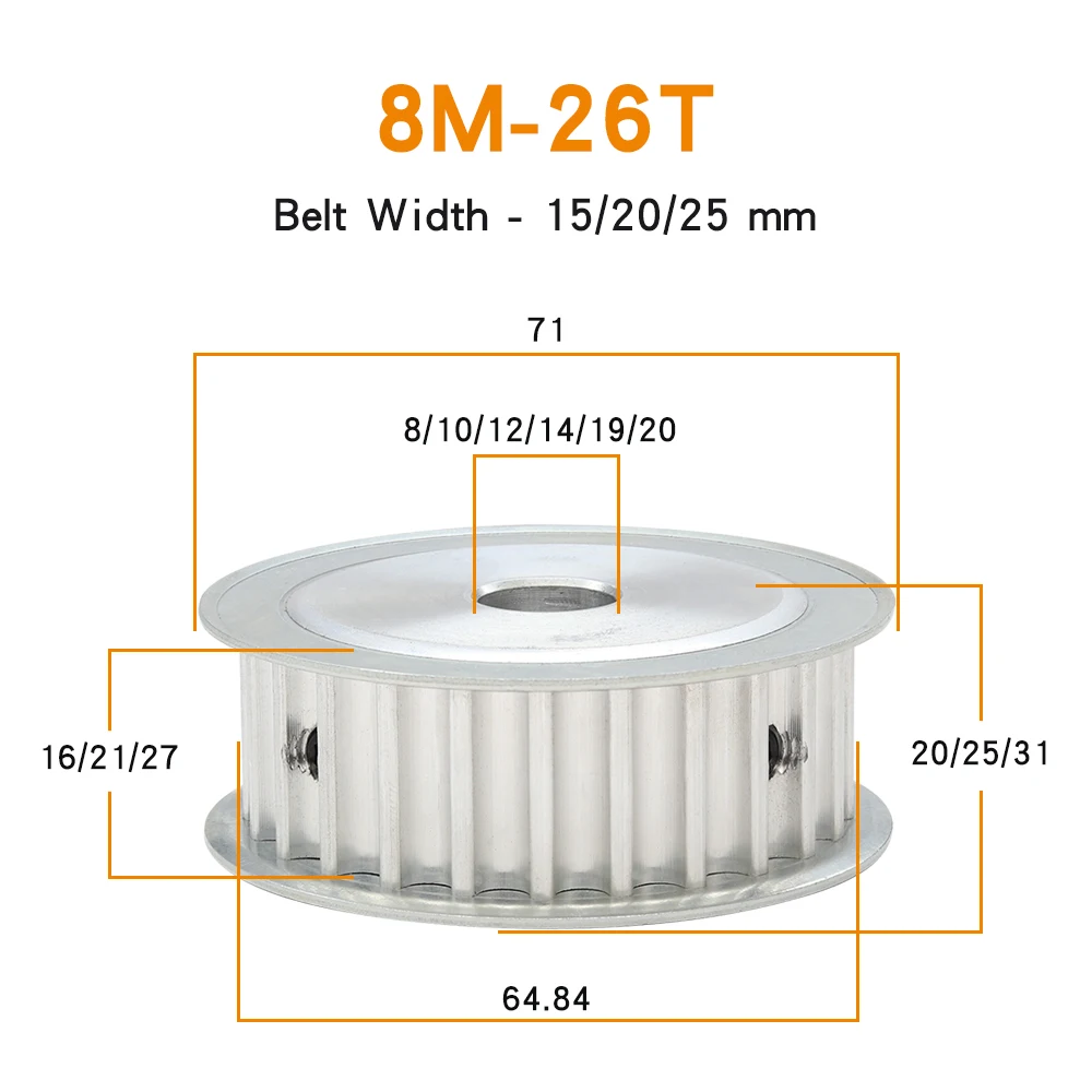 8M-26T Toothed Pulley Bore Size 8/10/12/14/19/20 mm Aluminum Wheels Teeth Pitch 8 mm For 8M Timing Belt Width 15/20/25 mm