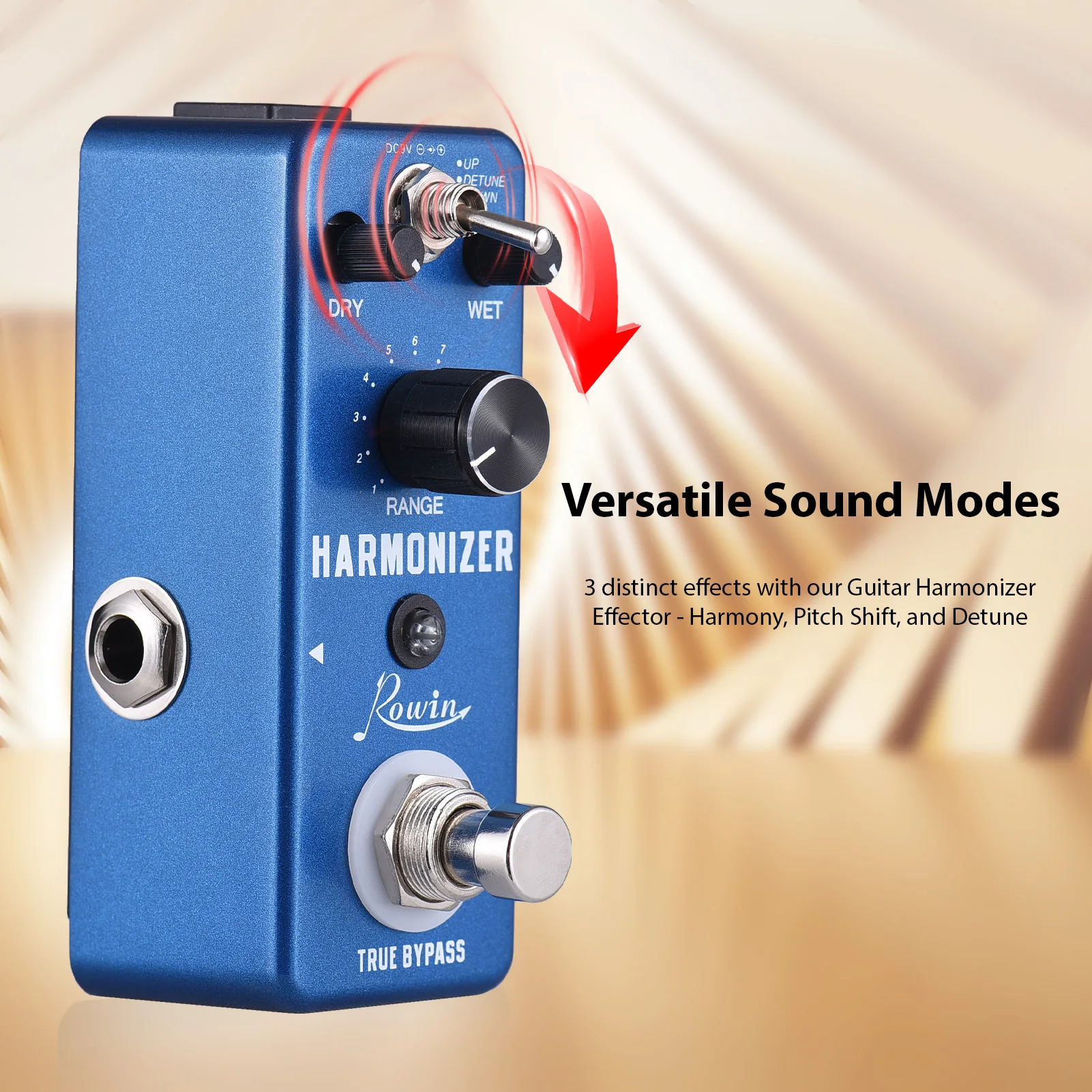 Pedal de efectos de guitarra Rowin, armonizador, Pedal de guitarra Harmony/Pitch Shift/Detune, Pedal de efectos de guitarra de 3 modos y perilla de rango/húmedo/DRY