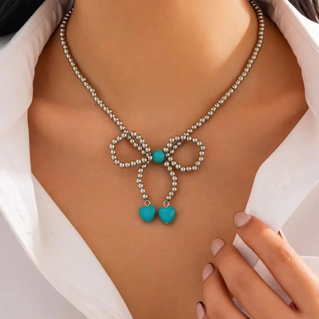 

Salircon Vintage Love Heart Blue Stone Bowknot Pendant Necklace for Women Classic Silver Color CCB Beads Clavicle Chain Jewelry