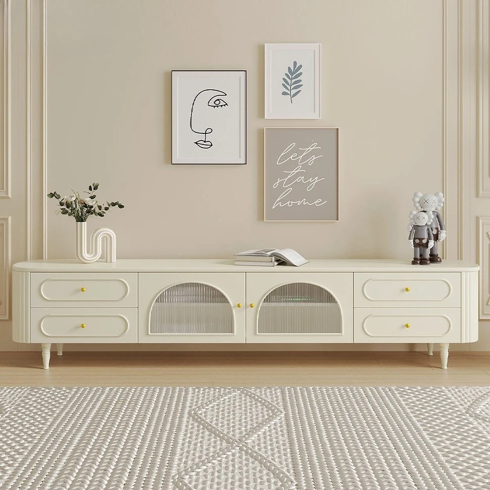 Changhong glass solid wood TV cabinet cream wind paint TV cabinet coffee table complete set