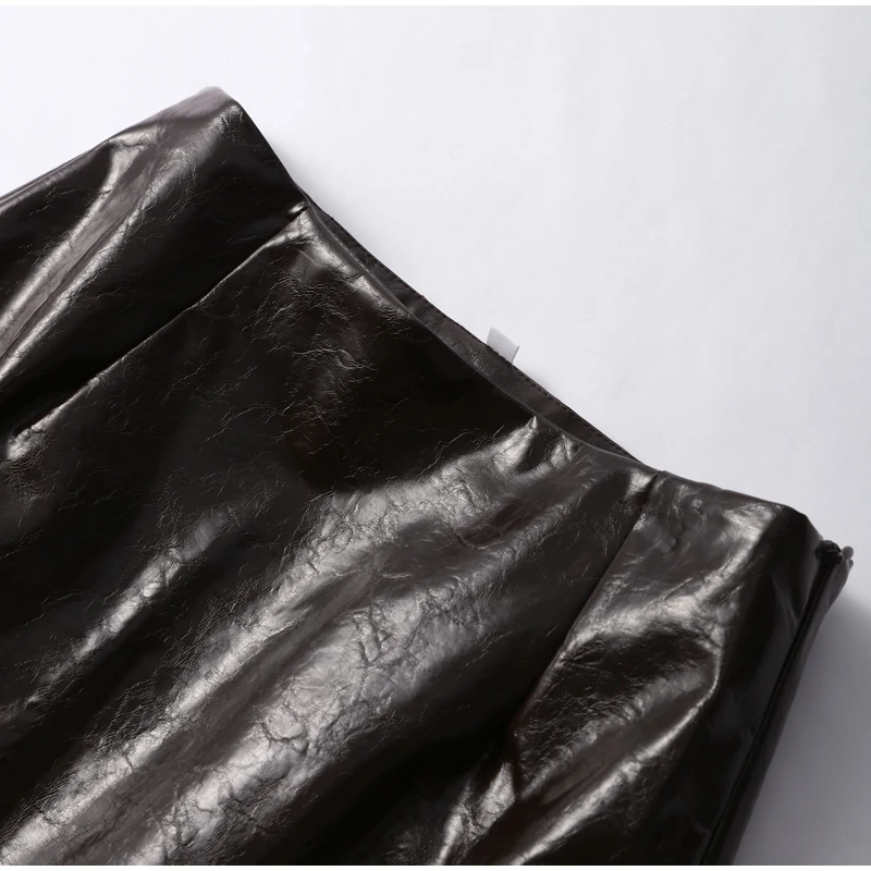 Solid PU Leather Women's Jacket Mini Skirt Set Lapel Neck Full Sleeve Double Breasted Coat Suit 2025 Autumn Stylish Edgy Outfit
