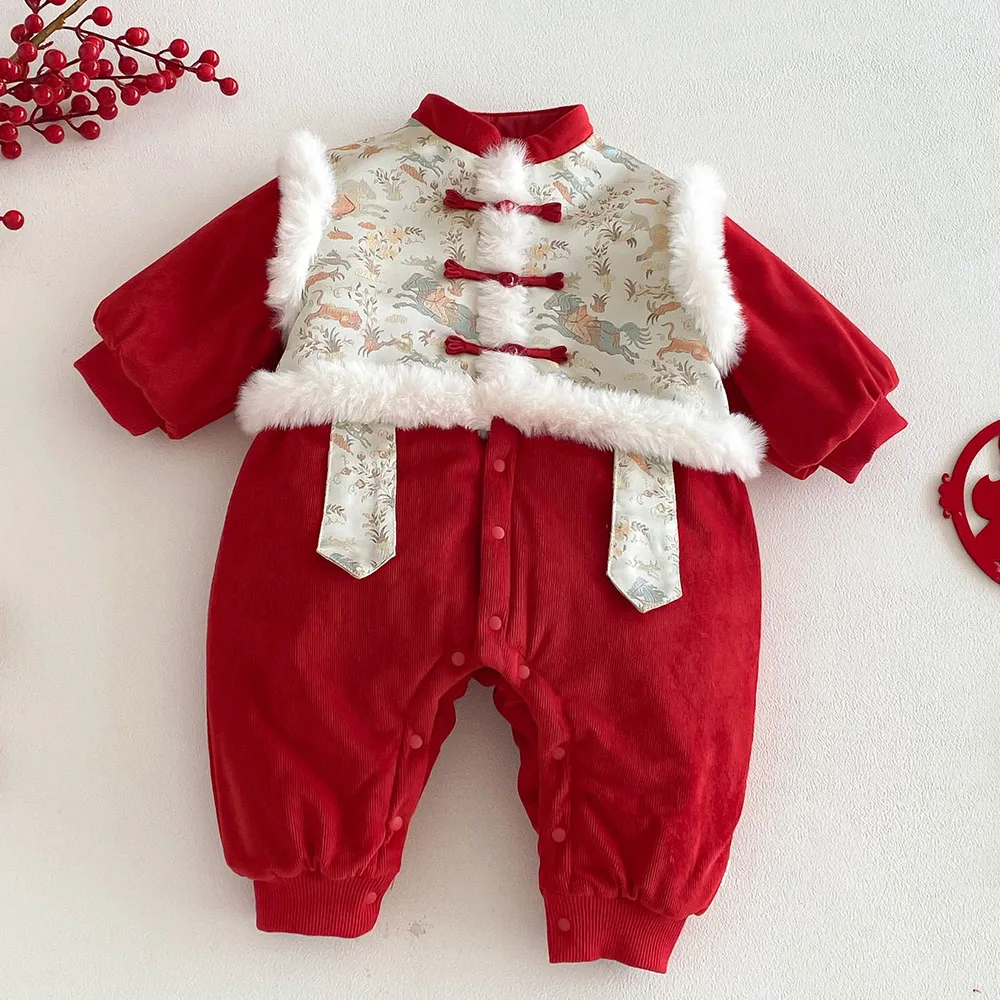 

First Christmas Baby Rompers For Boys Quilted Thicken Warm Winter Baby Boutique Clothes Chinese New Year Infant Girl Jumpsuit