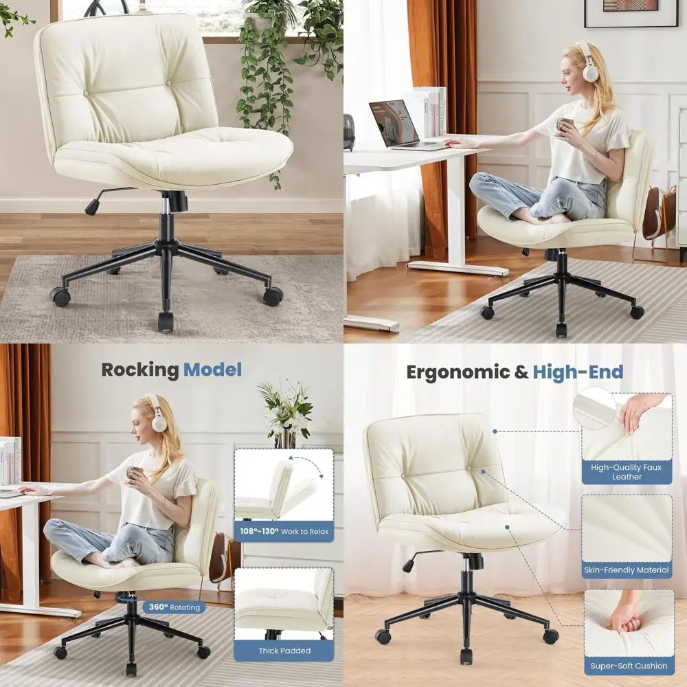 

Wide Plus Size Rolling Office Chair, Beige Bedroom Vanity Chair with Thickened Legs and Wheels