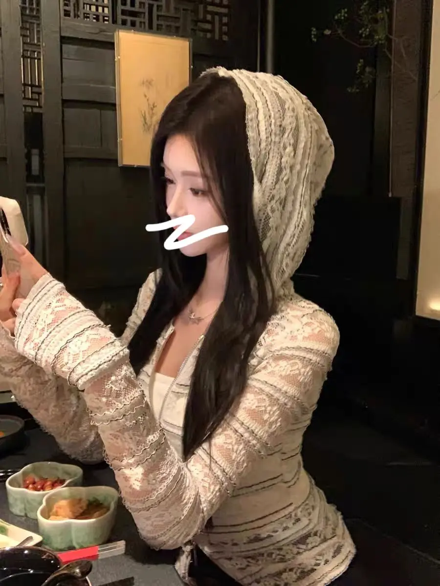 Summer New Style Lace Hook Flower Bell Sleeve Waist Cinched Hooded Open Cardigan Fashionable Outerwear Women Thin Sun Protect...