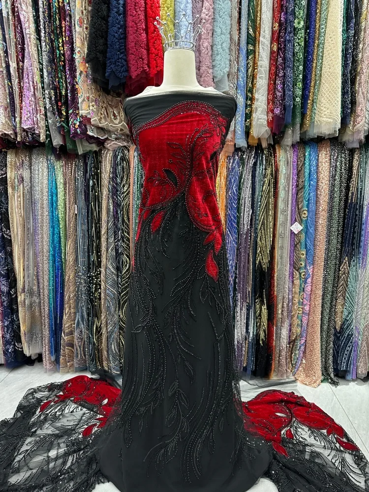 

5 Yards Luxury African Beaded Mesh Lace Fabric Velvet Lace 2026 Nigerian Tulle Sequined Lace Fabric Women's Evening Dress