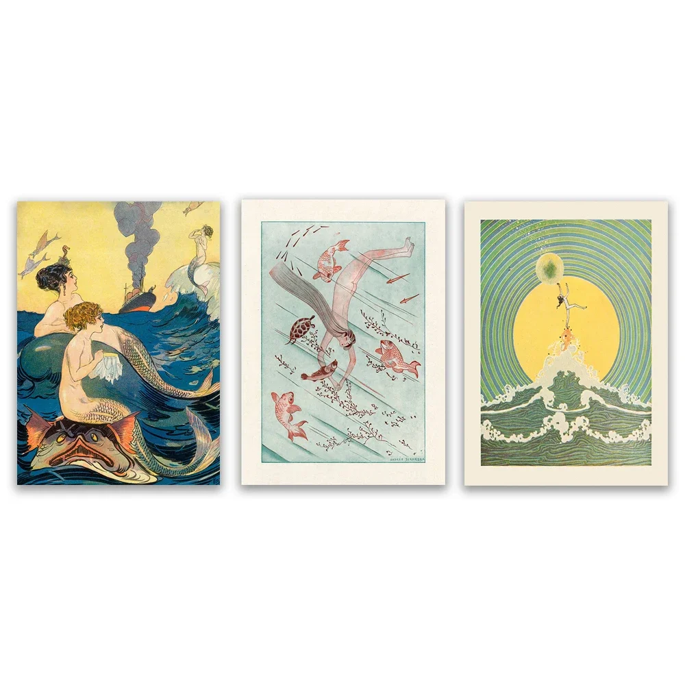 الوصول إلى القمر، أمواج الشمس المتحركة، أسماك البحر، ملصق سحري غريب الأطوار، امرأة حورية البحر الرائعة والغوص تحت الماء #1