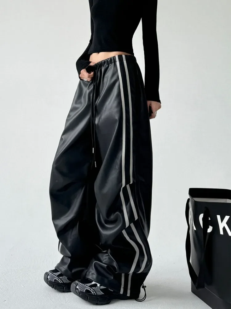 

HOUZHOU Y2k Baggy Striped Leather Pants Vintage Woman Oversize Korean Fashion Harajuku Streetwear Casual Trousers Pleated Autumn