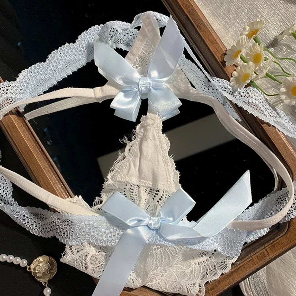 Dámské sexy krajkové tanga s nízkým pasem, prodyšné, bezešvé, hladké a měkké spodní prádlo, s mašlí a detailem mašle - náhled 6