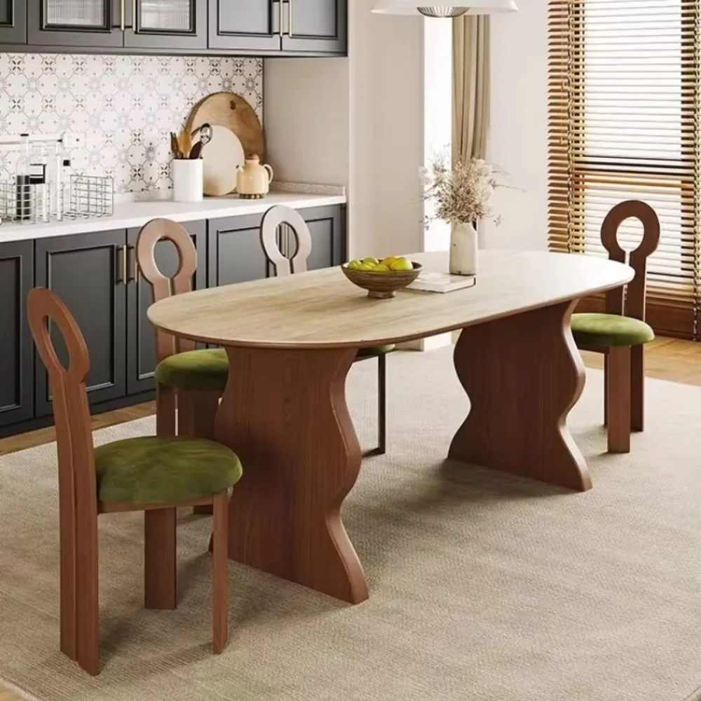 French Mid Century Oval Travertine Stone Dining Table, Solid Wood Base Small Household Dining Table Set for Living Room