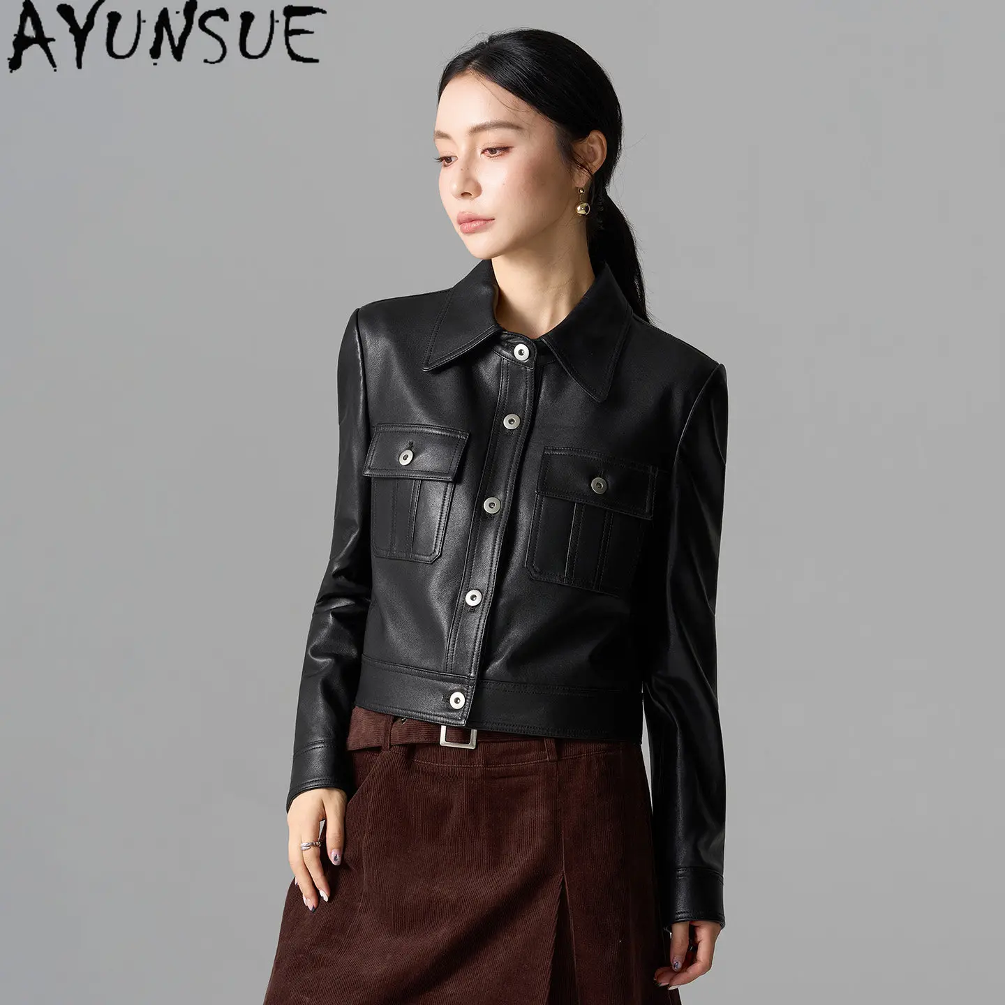 AYUNSUE Real Leather Jacket Women Fashion Soft Sheepskin Coat Spring Autumn Womens Coats Motorcycle Clothes Short Косуха Женская