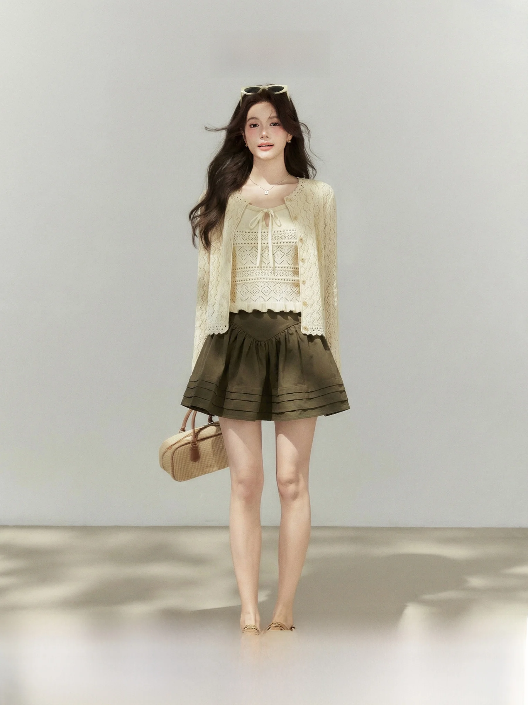 

Ele Texture Hollow Knitted Cardigan Csole Skirt Tee-Piece Set plus Size Women Spring Faion Outerwear Inner Wear