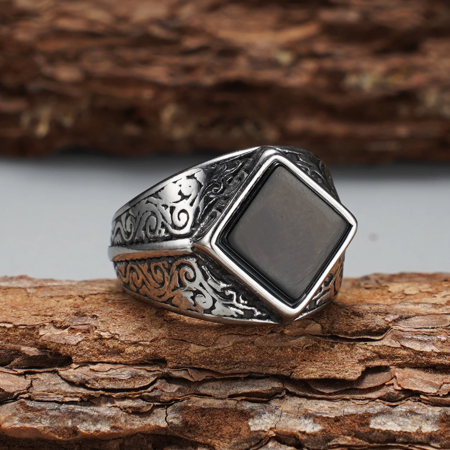 Vintage Gravierter Rhombus-Achat Herrenring, 316L Edelstahl Trendiger Statement-Schmuck – Detail 11