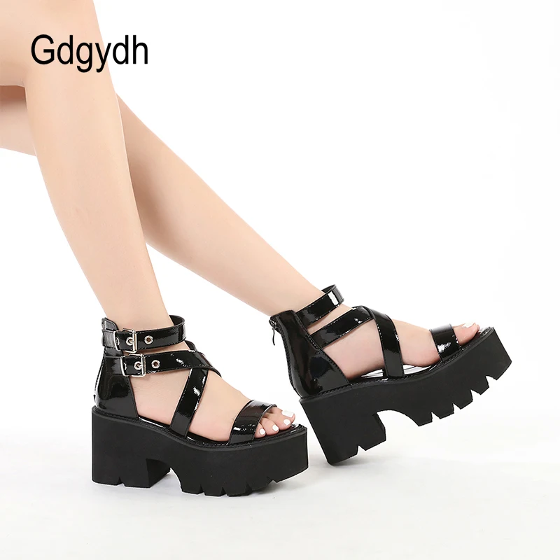 Gdgydh Ankle Strap Sandals for Women Platform Chunky Heels Patent Leather Thick Wedges Summer Shoes Open Toe Zipper Big Size 43