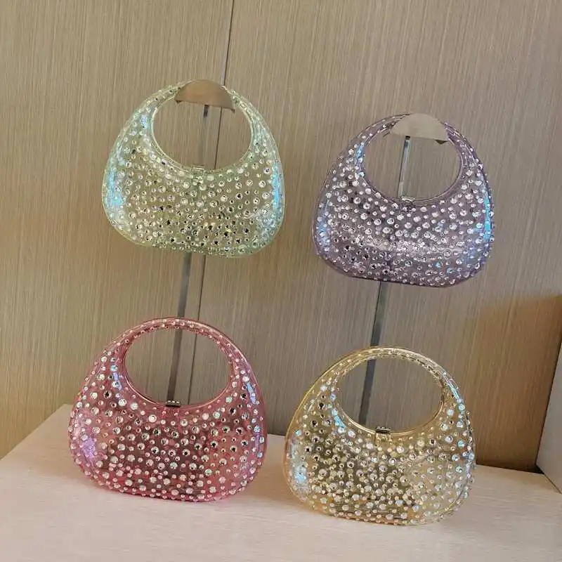 Monederos y bolsos de diamantes de imitación hechos a mano para mujer, bolsos de diseñador de lujo brillantes, bolsos de concha para mujer, bolsos de noche acrílicos nuevos