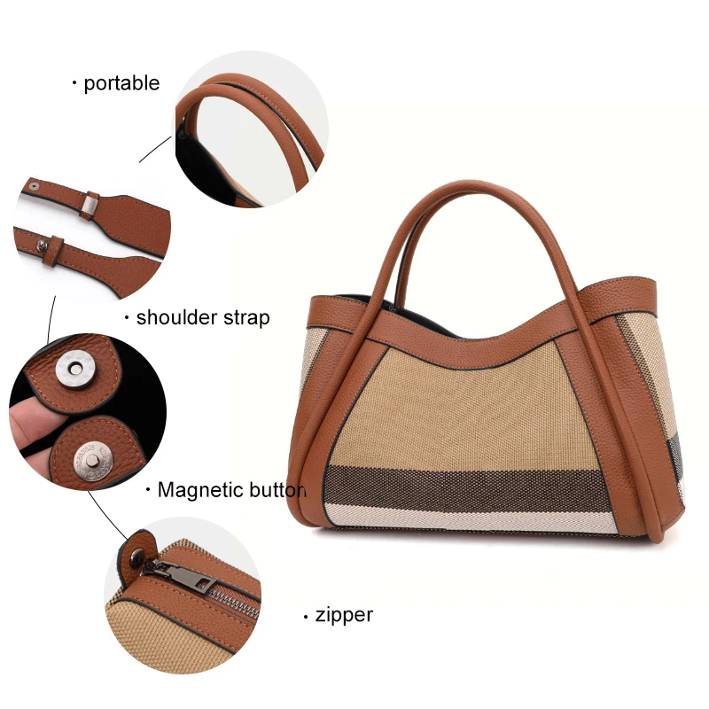 Aidrani  New retro checkered women\'s handbag, large capacity luxury bag, canvas genuine leather bag