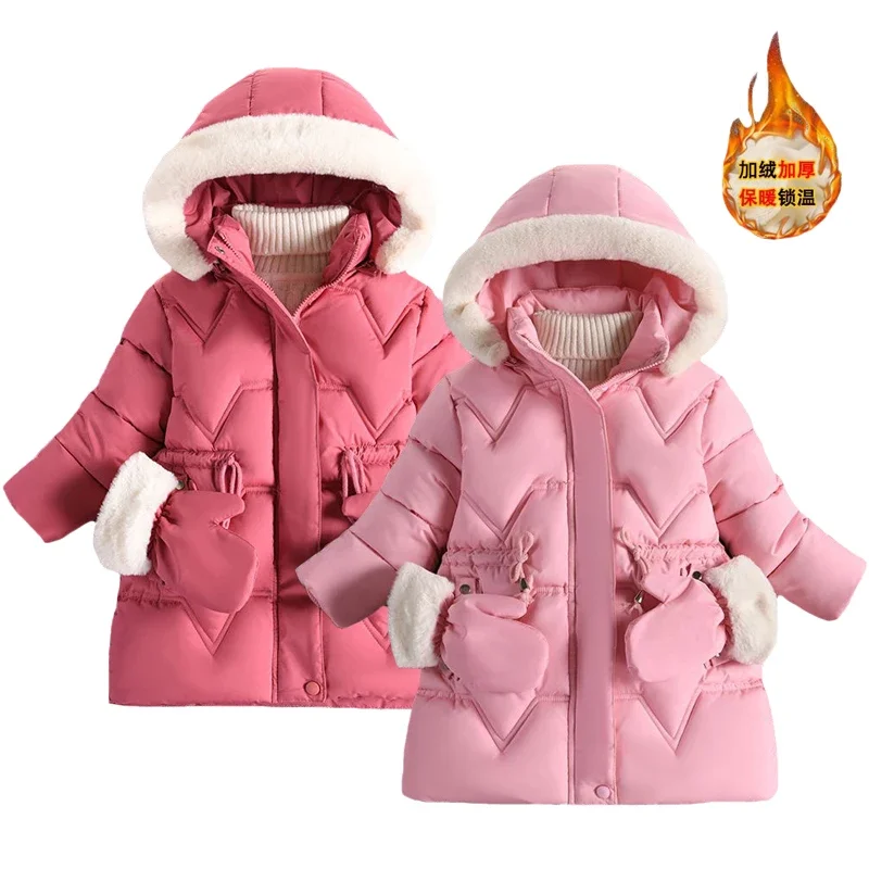 

Winter New Long Style Girls Jacket Solid Color Lining Lamb Wool Thick Hooded Outwear For 4-8Y Girls Warm Cotton Coats With Glove