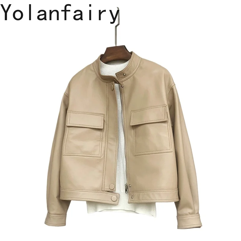 

YOLANFAIRY Leather Womens Jacket Genuine Sheepskin Outwears Spring Autumn Short Stand Collar Motorcycle Jacket Casual Coats New