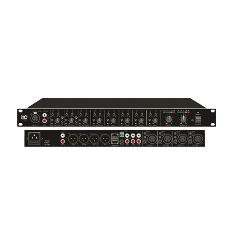 

Stereo Mixer Pre-Amp, 2 Mic & 4 Aux Inputs, Stereo Output Pre Amplifiers And 8 Inputs & 4 XLR Balanced Outputs