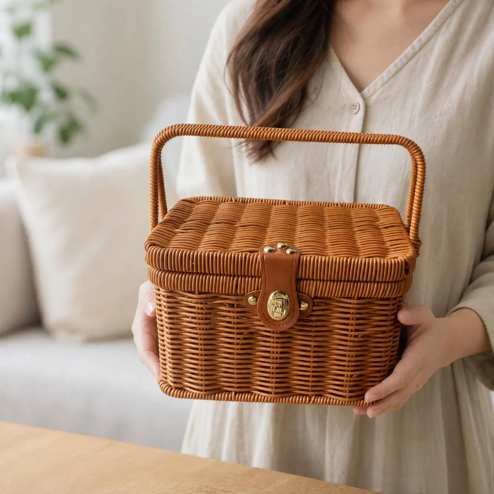 Rectangular Lidded Woven Basket Sturdy Top Handle Iron Frame Plastic Weave for Market Visits Fresh Produce Carrying