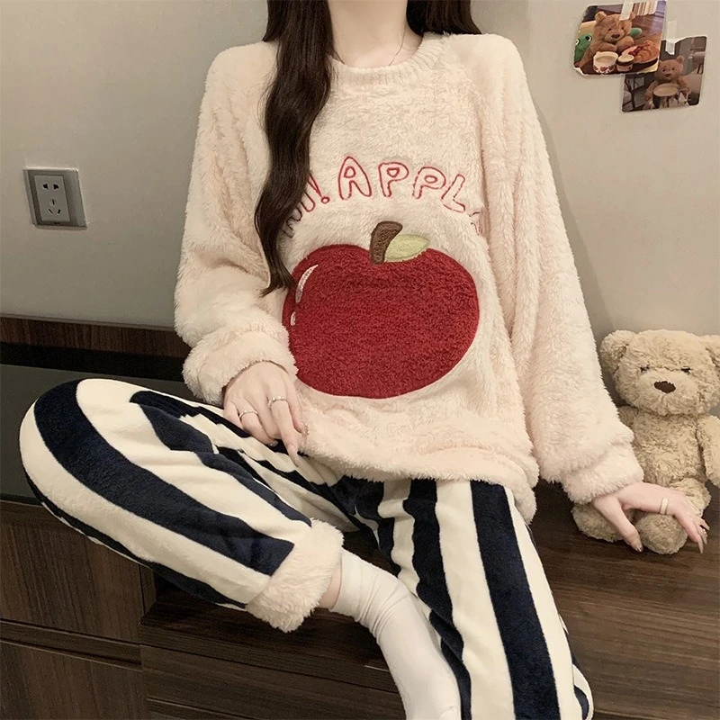 Winter Coral Fleece Pajamas Set Women Sweet Cartoon Sleepwear Flannel Thickened Ops and Trousers Pjs Korean Students Loungewear