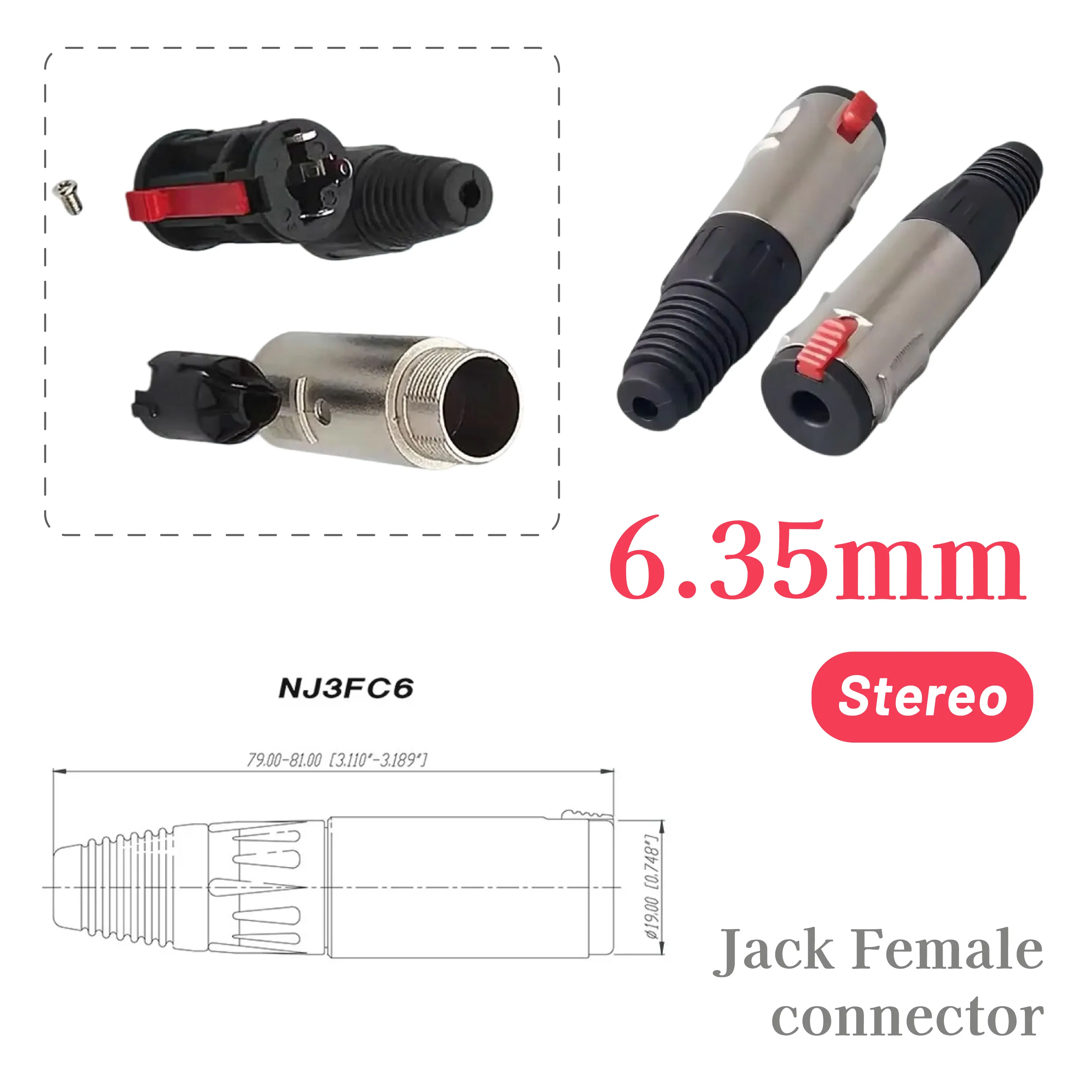 1/4 Inch (6.35mm) TRS Stereo Female Jack Locking Connector for Audio Microphone Guitar Studio Equipment