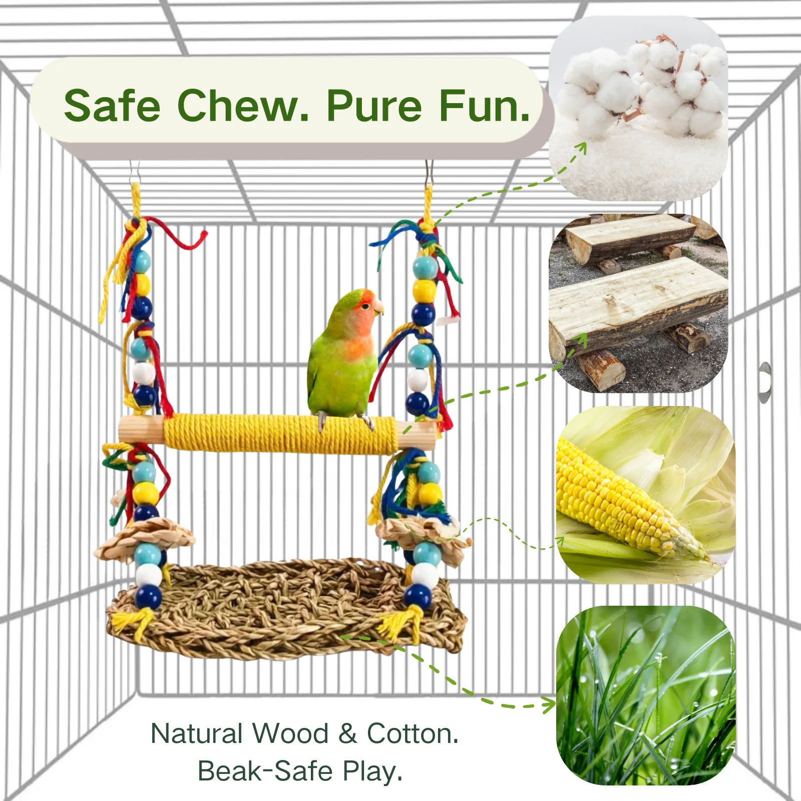 Natural Woven Bird Grass Net Parrot Swing & Perch Combo Toy Climbing Chew Hanging Cage Toy for Small‑Medium Birds