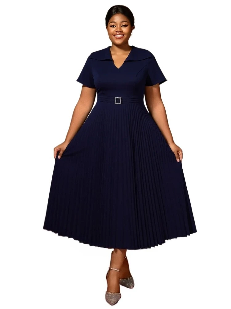 

Элегантное темно-синее плиссированное платье миди для женщин с v-образным вырезом и короткими рукавами, пряжкой и стразами, ремнем, стильная церковная офисная женская одежда