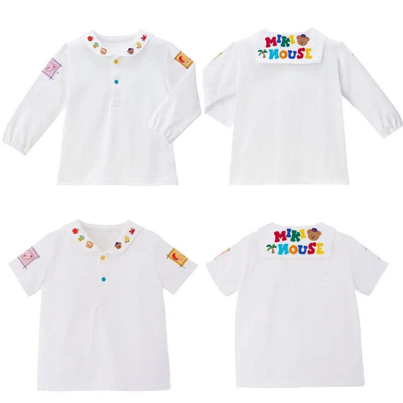Versatile Kids' Shirt: Cute Navy Bear & Sailor Collar Design, Preppy Academic Style Long & Short Sleeve Top for Children 80-130