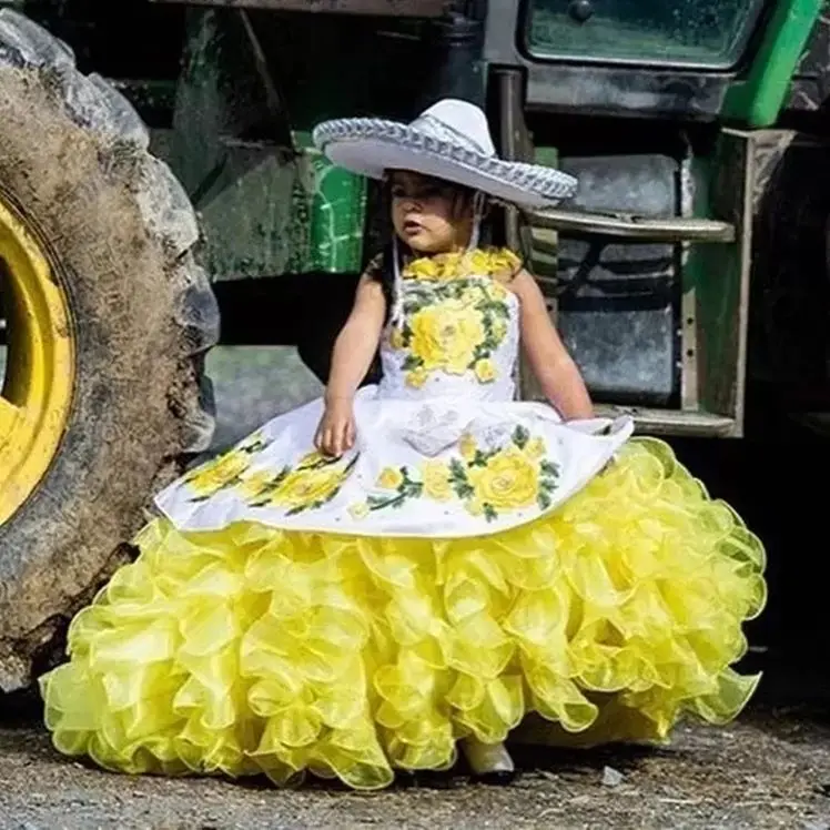 

EVLAST Cute Mexican White Yellow Puffy Flower Girls Dresses Ball Gown 3D Floral Embroidery Lace Kids First Communion Gown TFD030