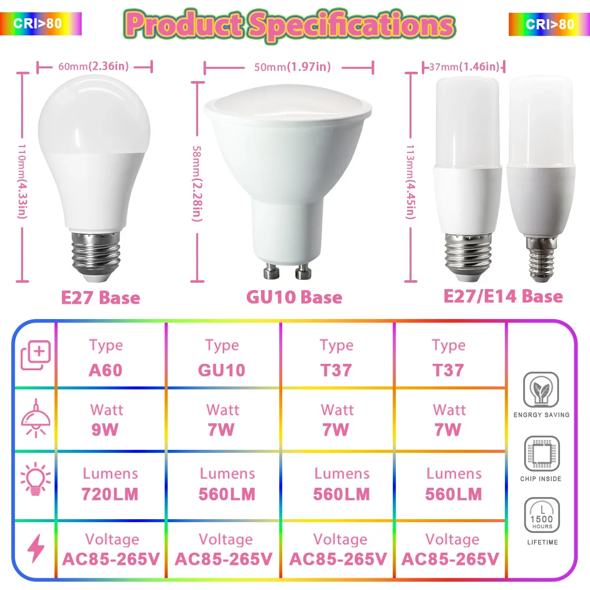 1 4  8 12 16 20PCS Multi-Model Color LED Bulbs  7W 9W GU10 A60 T37  E14 E27 220V 110V CRI 80 Ideal for Home Foyer Event Lighting
