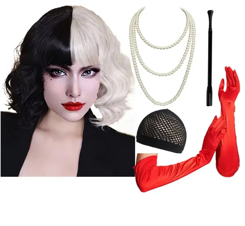 Cizoe Cruella Deville Costume Accessories Crulla De Vil Black White Wigs Plastic Holder Halloween Red Gloves