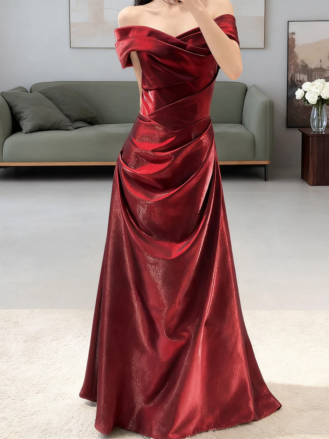 

Ele Satin Evening Dr Wedding Toasting Costume Fem Host Bride-to-be One-oulder Long Gown Korean Sle Adult Ceremony